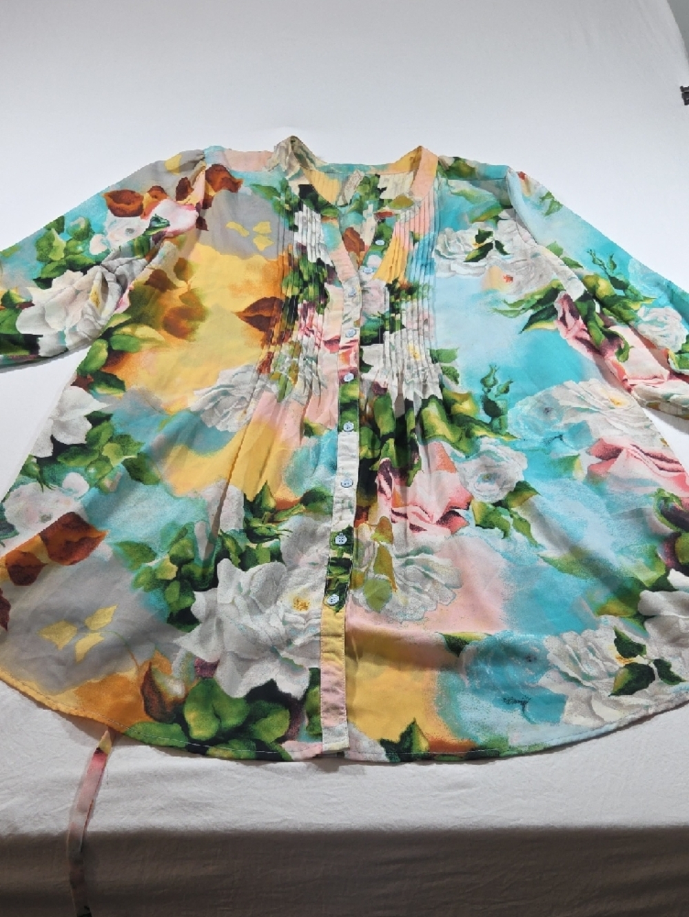 Seven 7 Floral Pleated Button-Up Tunic Top Pastel Multi V Neck Spring Lighweight - Picture 2 of 11